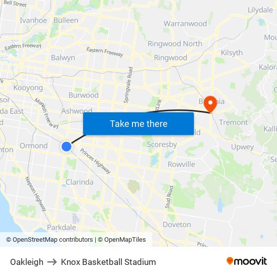 Oakleigh to Knox Basketball Stadium map