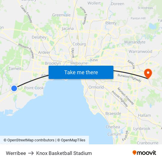 Werribee to Knox Basketball Stadium map