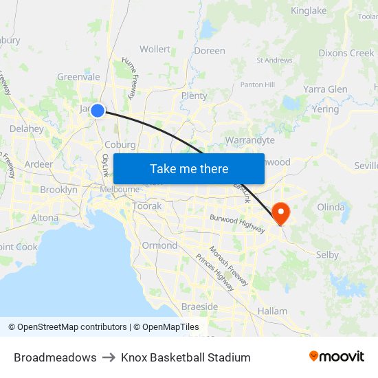 Broadmeadows to Knox Basketball Stadium map