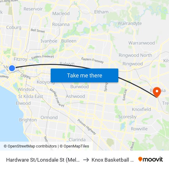 Hardware St/Lonsdale St (Melbourne City) to Knox Basketball Stadium map