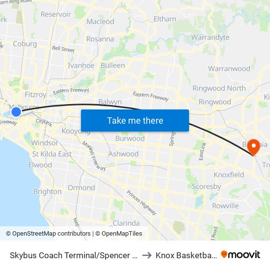 Skybus Coach Terminal/Spencer St (Melbourne City) to Knox Basketball Stadium map