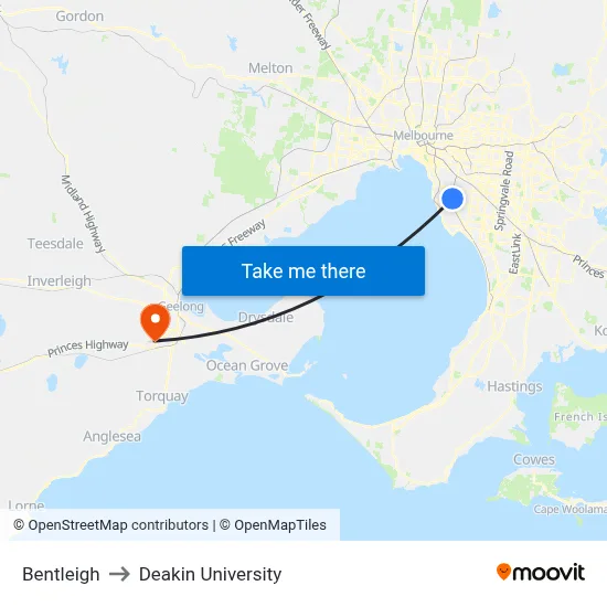 Bentleigh to Deakin University map