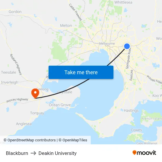 Blackburn to Deakin University map