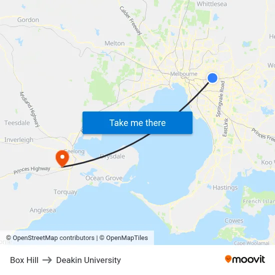 Box Hill to Deakin University map