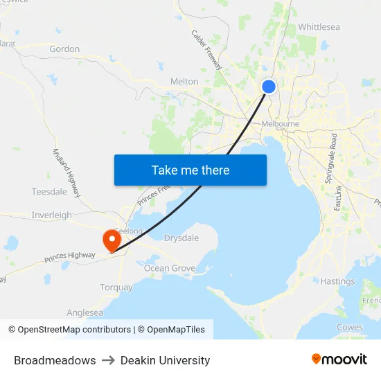 Broadmeadows to Deakin University map