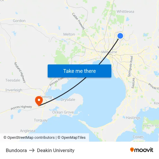 Bundoora to Deakin University map