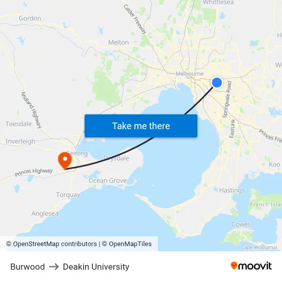 Burwood to Deakin University map