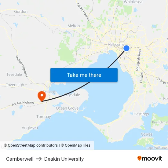 Camberwell to Deakin University map
