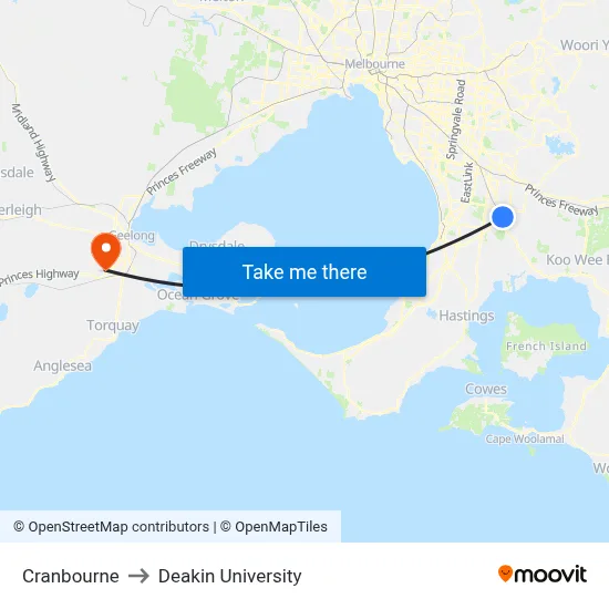 Cranbourne to Deakin University map