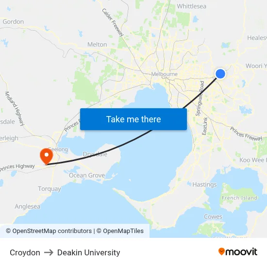 Croydon to Deakin University map