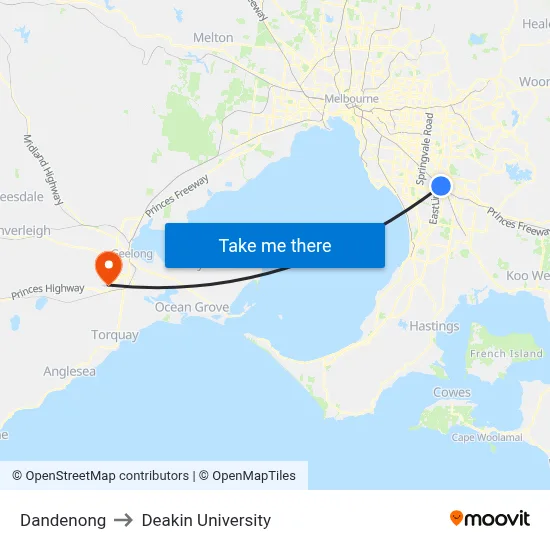 Dandenong to Deakin University map
