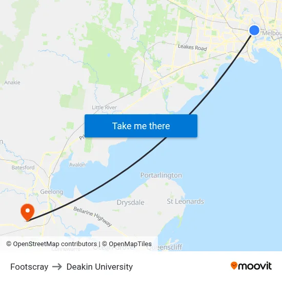 Footscray to Deakin University map