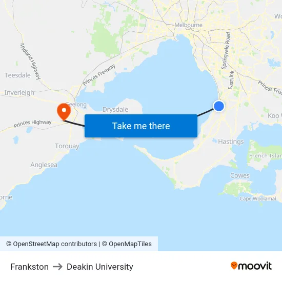 Frankston to Deakin University map