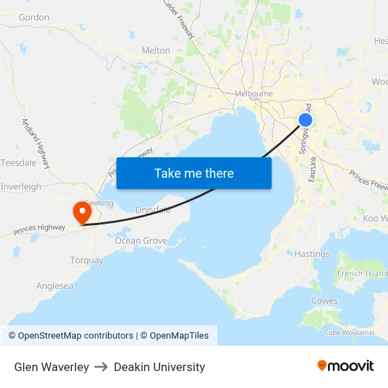 Glen Waverley to Deakin University map