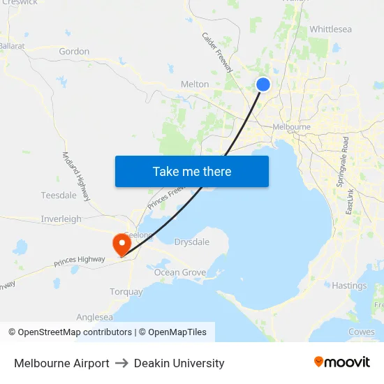 Melbourne Airport to Deakin University map