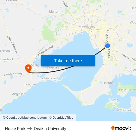 Noble Park to Deakin University map