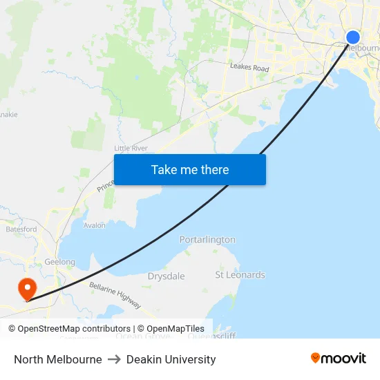 North Melbourne to Deakin University map