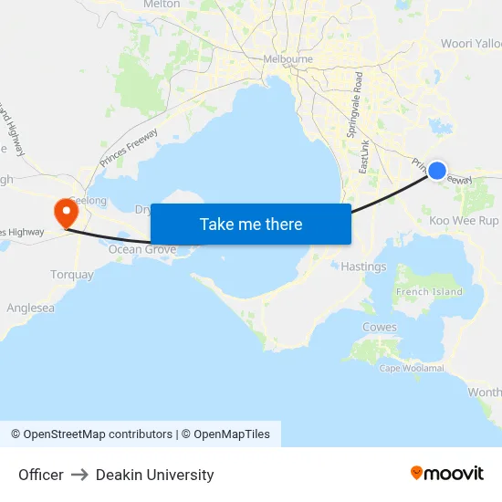 Officer to Deakin University map