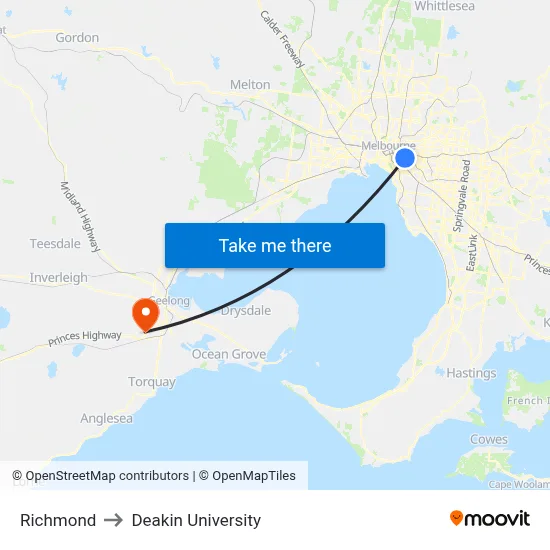 Richmond to Deakin University map