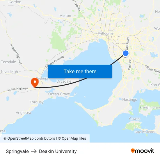 Springvale to Deakin University map