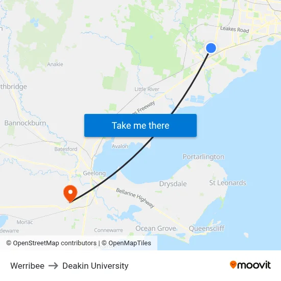 Werribee to Deakin University map