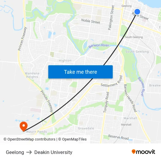 Geelong to Deakin University map