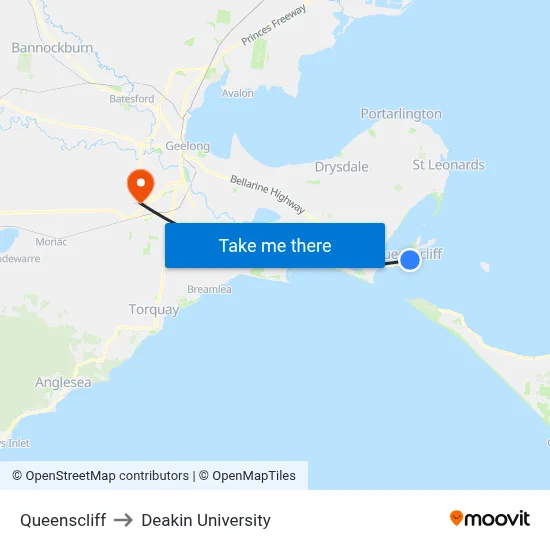 Queenscliff to Deakin University map