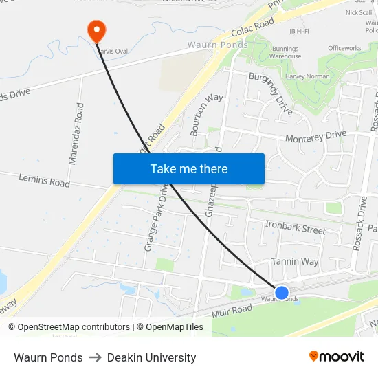 Waurn Ponds to Deakin University map
