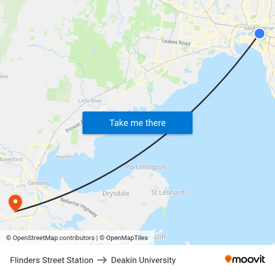 Flinders Street Station to Deakin University map