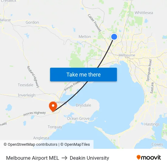 Melbourne Airport MEL to Deakin University map