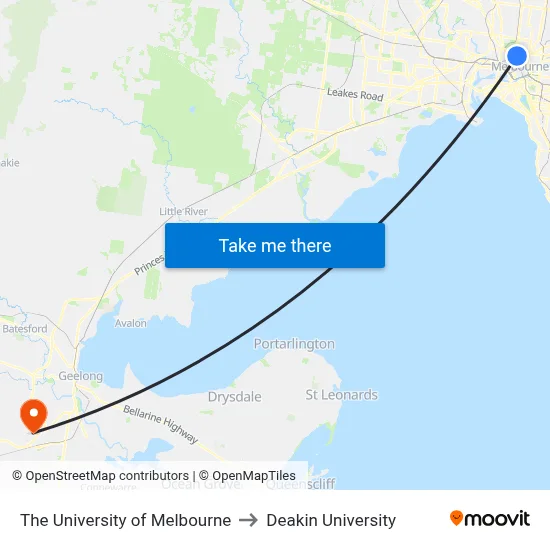 The University of Melbourne to Deakin University map