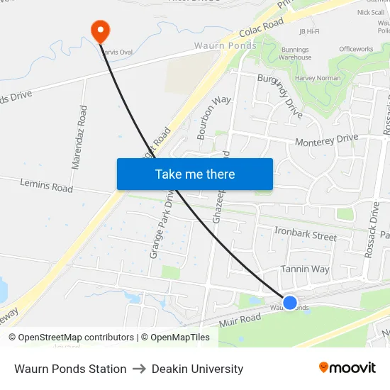 Waurn Ponds Station to Deakin University map