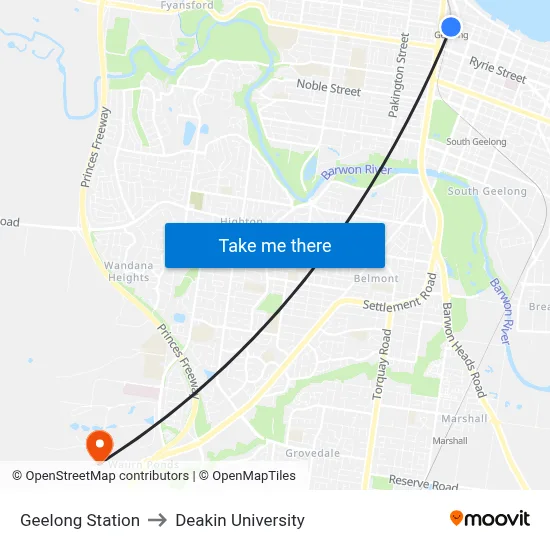 Geelong Station to Deakin University map
