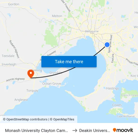 Monash University Clayton Campus to Deakin University map