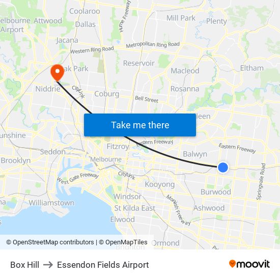 Box Hill to Essendon Fields Airport map