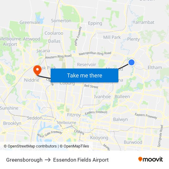 Greensborough to Essendon Fields Airport map