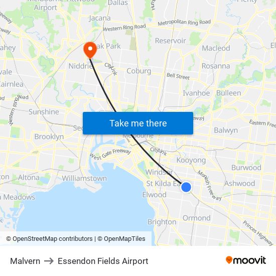 Malvern to Essendon Fields Airport map