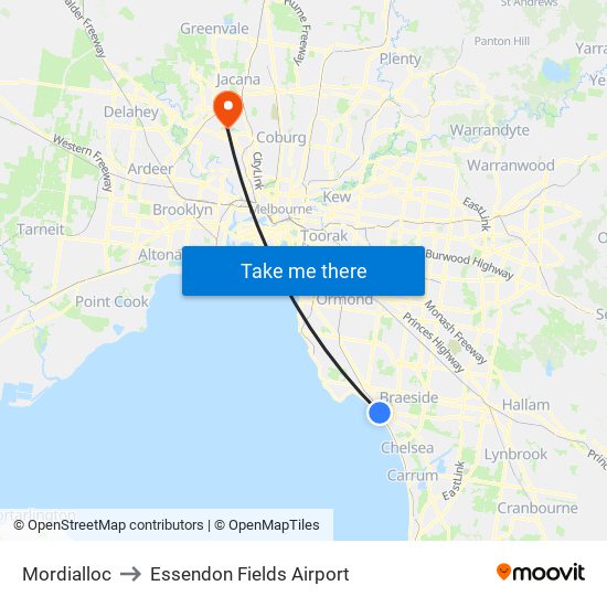 Mordialloc to Essendon Fields Airport map