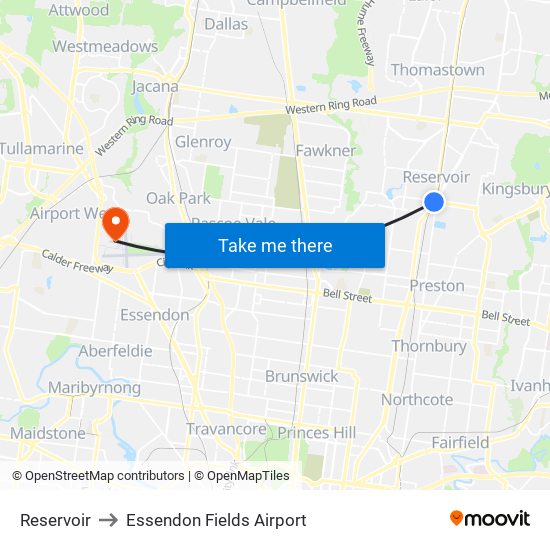 Reservoir to Essendon Fields Airport map