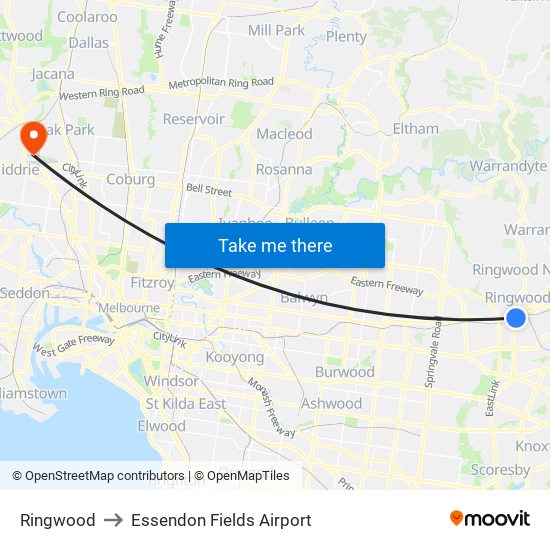 Ringwood to Essendon Fields Airport map