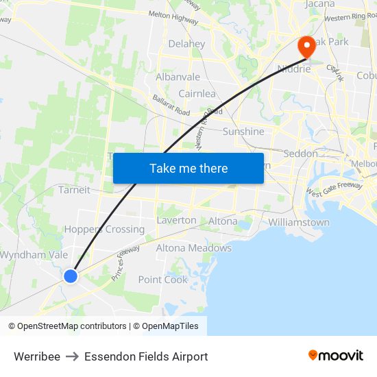 Werribee to Essendon Fields Airport map