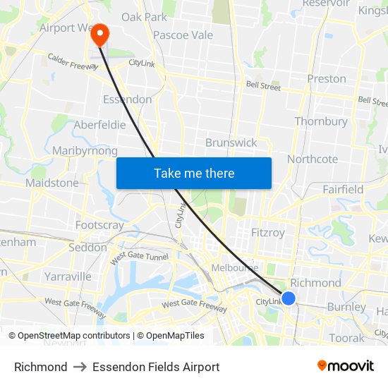 Richmond to Essendon Fields Airport map