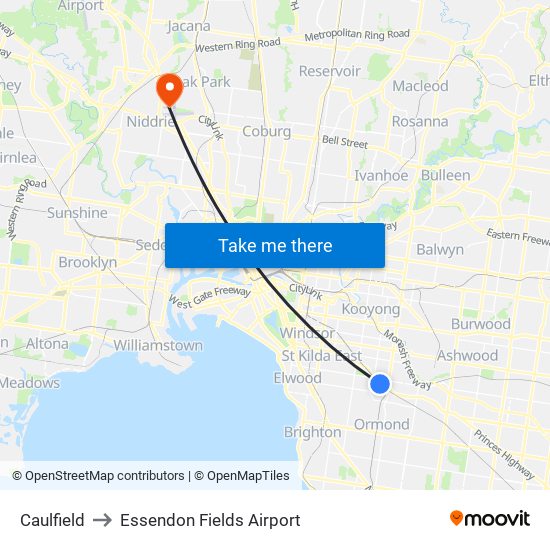 Caulfield to Essendon Fields Airport map