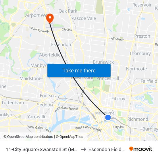 11-City Square/Swanston St (Melbourne City) to Essendon Fields Airport map