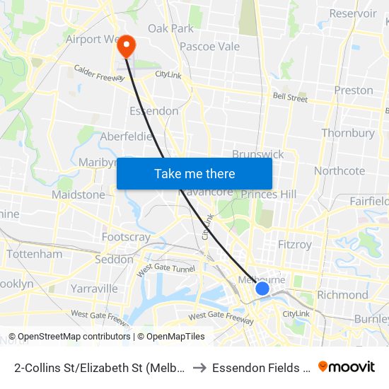 2-Collins St/Elizabeth St (Melbourne City) to Essendon Fields Airport map