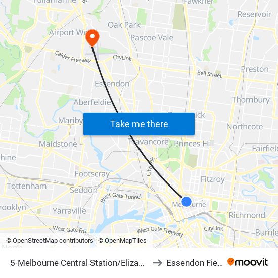 5-Melbourne Central Station/Elizabeth St (Melbourne City) to Essendon Fields Airport map
