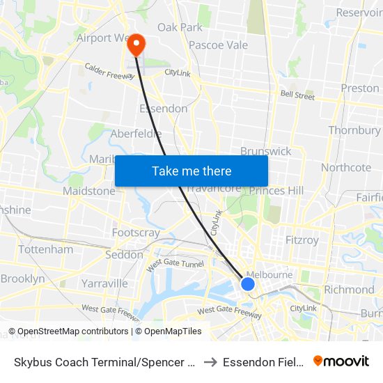 Skybus Coach Terminal/Spencer St (Melbourne City) to Essendon Fields Airport map