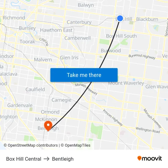 Box Hill Central to Bentleigh map