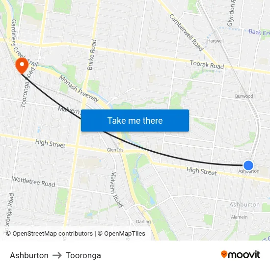 Ashburton to Tooronga map