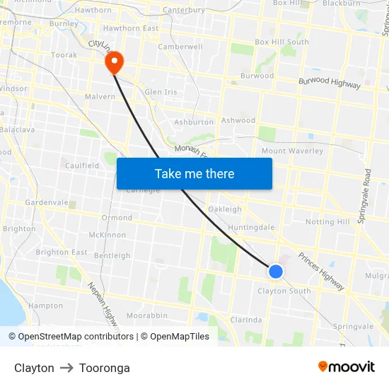 Clayton to Tooronga map